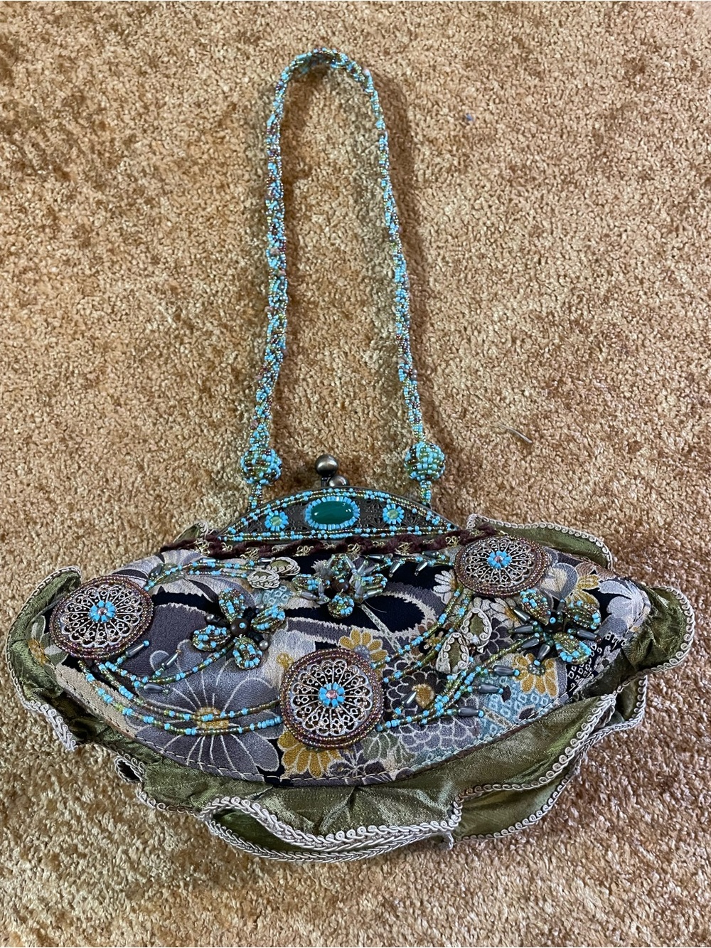 Mary Frances Olive Green and Turquoise Beaded Floral Evening Clutch excellent